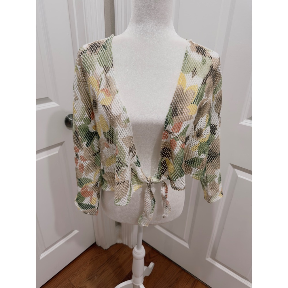Alfred Dunner Womens XL Floral Open Knit Tie Front Cardigan Green Yellow Mesh